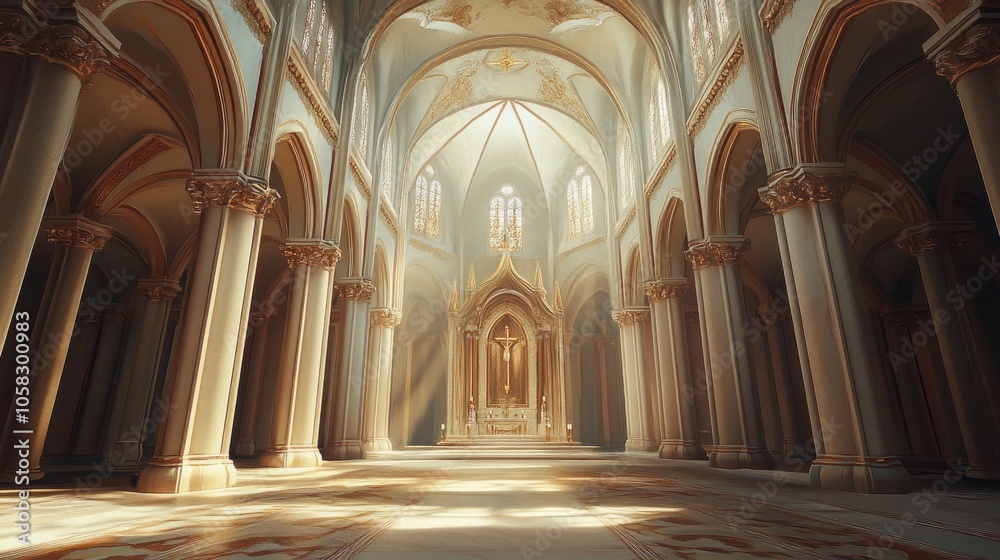 Fototapeta premium High-ceilinged church interior with intricate design and no people, focusing on architectural beauty and spirituality.