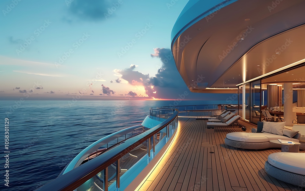 Fototapeta premium View of the deck of a cruise ship during a beautiful sunset.