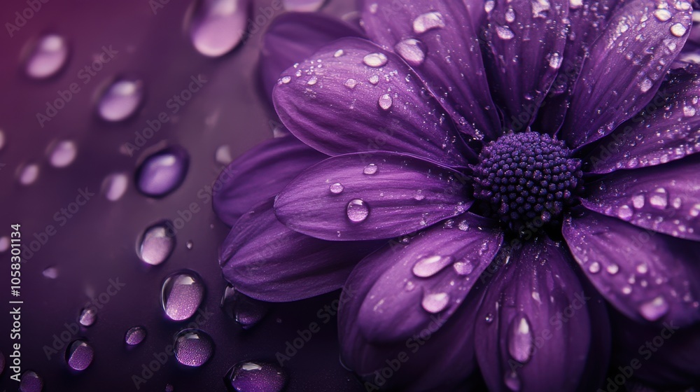 An elegant purple bloom with sparkling water droplets, An elegant purple bloom with sparkling water droplets,