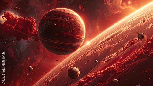 A vibrant cosmic scene featuring planets stars and nebulae in the background