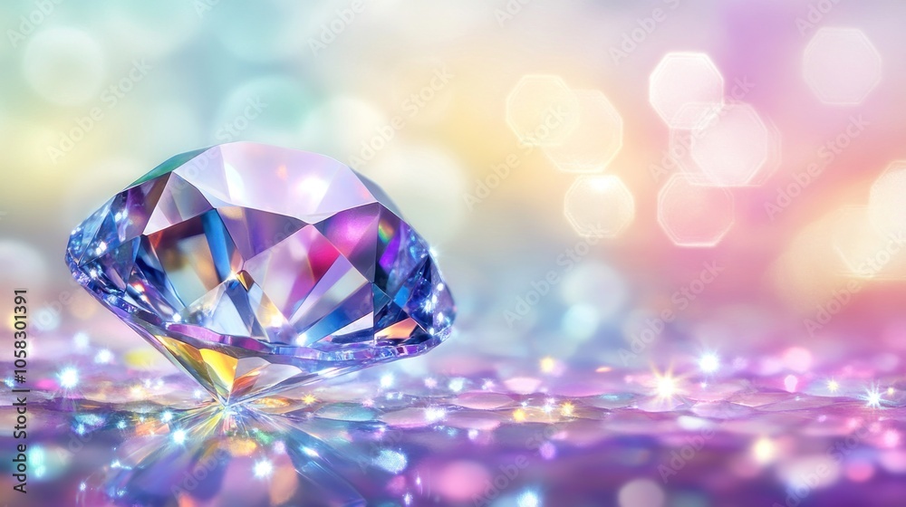 A sparkling diamond on a colorful, shimmering surface with a blurred background. A sparkling diamond on a colorful, shimmering surface with a blurred background.