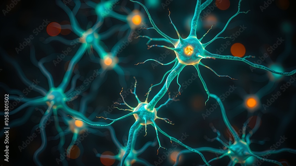 Colorful Neurons with Glowing Synapses Under Microscope Colorful Neurons with Glowing Synapses Under Microscope