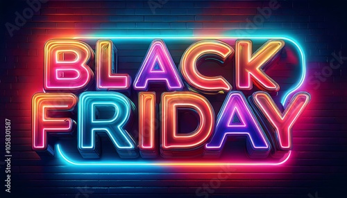 Vibrant Black Friday neon light display with colorful lettering against a dark background for festive shopping. Generative AI