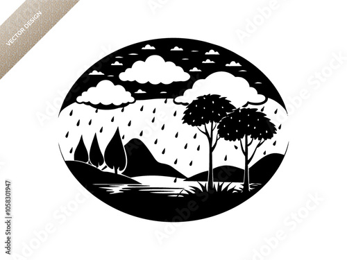 Rainy season natural scene landscape silhouette black vector art design 