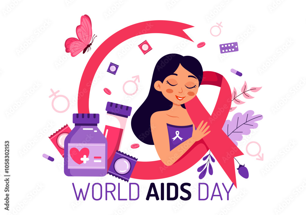 World AIDS Day Vector Illustration on 1 December featuring a Red Ribbon Symbol to Raise Awareness of the AIDS Epidemic in a Flat Style Background World AIDS Day Vector Illustration on 1 December featuring a Red Ribbon Symbol to Raise Awareness of the AIDS Epidemic in a Flat Style Background