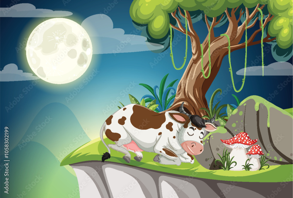 Fototapeta premium Cow Resting Under the Moonlight