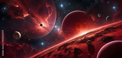 A vibrant cosmic scene featuring planets stars and nebulae in the background