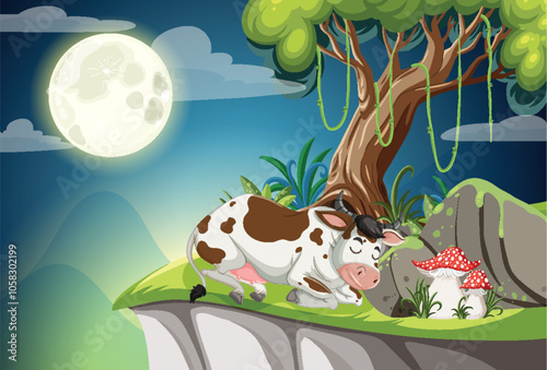 Cow Resting Under the Moonlight