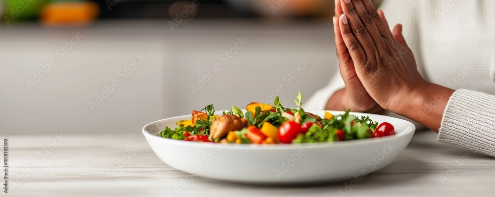 A person with hands in a prayer position, accompanied by a vibrant salad on a table, indicating gratitude or a moment of reflection before eating.
