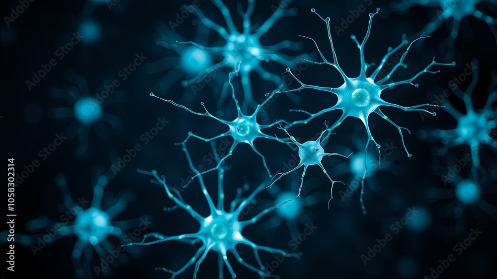 Blue Neurons on a Dark Background in Digital Style Blue Neurons on a Dark Background in Digital Style