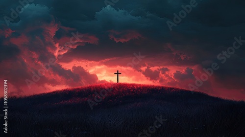 Lonely, illuminated cross on a hill with a dramatic evening sky, a symbol of faith and solitude.