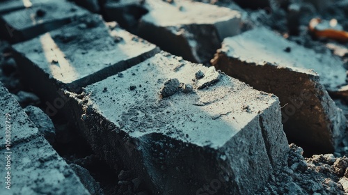 Detailed shot of shattered cement fragments lined up, capturing cracks, dust, and rough edges in construction photo