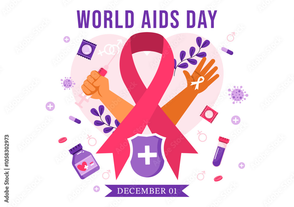 Obraz premium World AIDS Day Vector Illustration on 1 December featuring a Red Ribbon Symbol to Raise Awareness of the AIDS Epidemic in a Flat Style Background