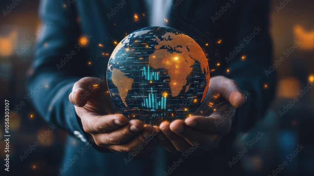 Fototapeta premium Businessman holding a digital globe with LCA icon,