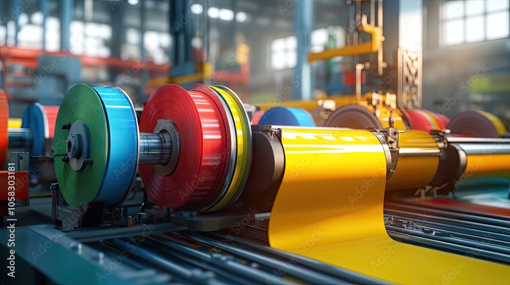 Modern printing press with vibrant color rolls, industrial background highlighting precision and vibrant hues. Modern printing press with vibrant color rolls, industrial background highlighting precision and vibrant hues.