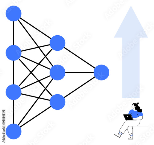 Neural network diagram with blue nodes interconnected by lines, woman sitting with laptop, upward trend arrow. Ideal for artificial intelligence, machine learning, education, research, technology