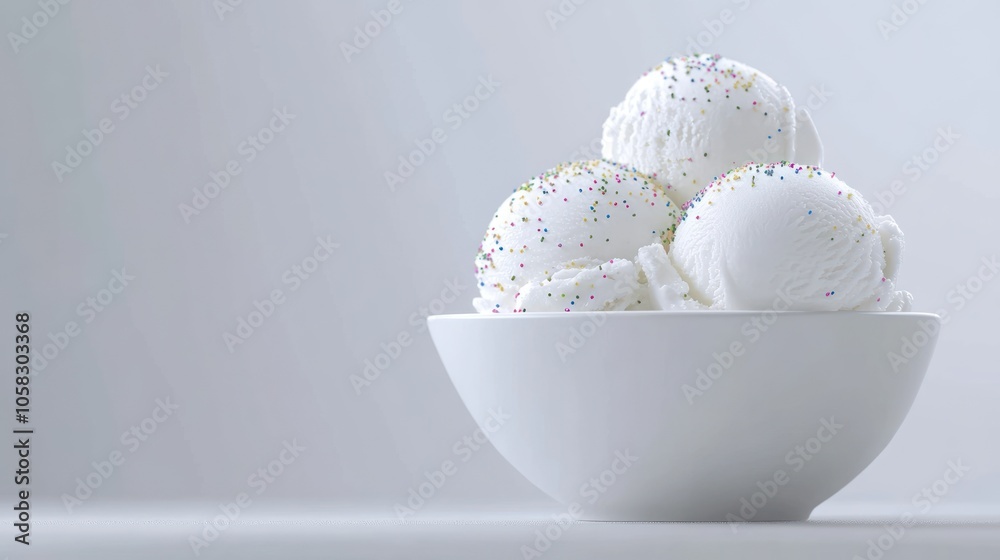 Fototapeta premium A bowl of white ice cream scoops topped with colorful sprinkles.