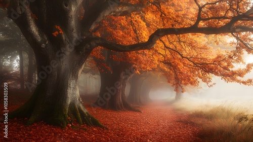 A Misty Autumn Forest Path Through Red Leaves and Tall Trees