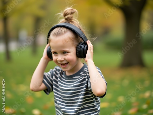 A child with headphones listening to music and dancing in the park.