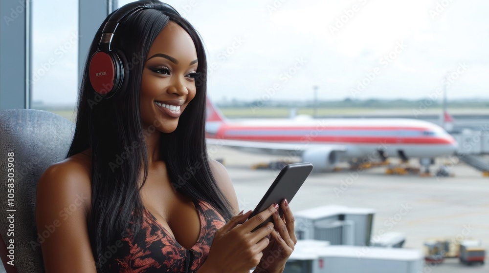 Outdoor portrait of a Young black African American young woman holding phone on airport airfield Outdoor portrait of a Young black African American young woman holding phone on airport airfield