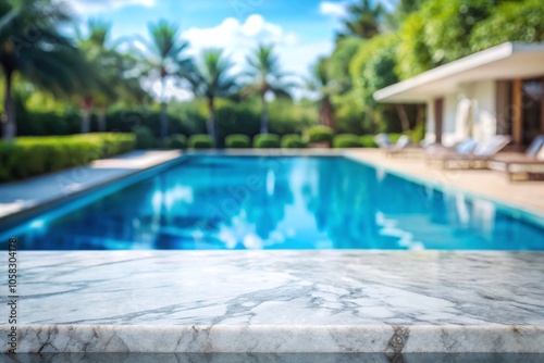 white marble top with blurred empty Swimming pool background can be used for mocking up or display product to make advertising.