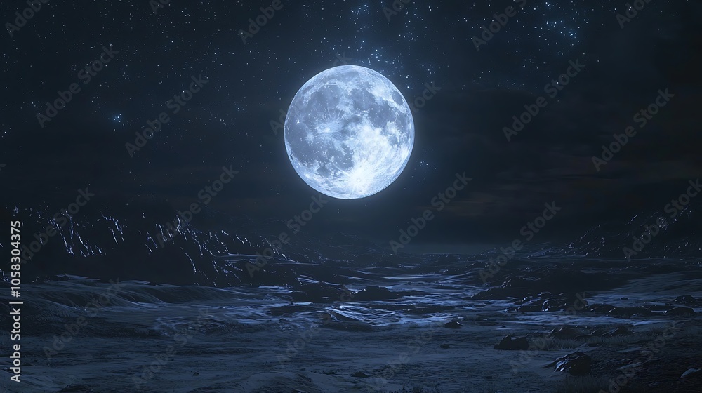 A luminous full moon shines brightly over a dark, tranquil landscape, surrounded by sparkling stars and a serene night sky. A luminous full moon shines brightly over a dark, tranquil landscape, surrounded by sparkling stars and a serene night sky.