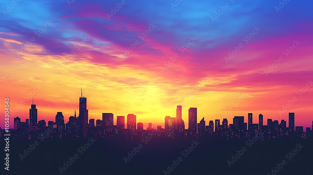 A vibrant sunset casts colorful hues over a city skyline, creating a stunning silhouette against the sky. A vibrant sunset casts colorful hues over a city skyline, creating a stunning silhouette against the sky.