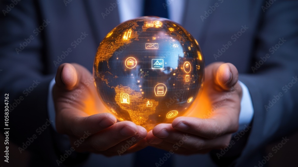 Fototapeta premium Close-up of a businessman holding a digital globe with glowing