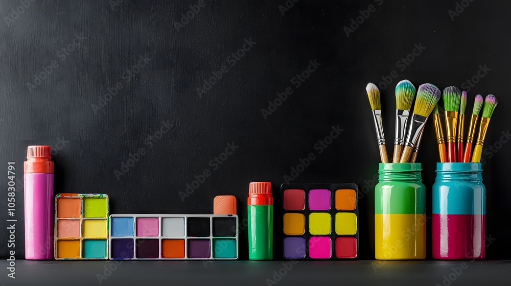 Fototapeta premium A Workspace of Vibrant Acrylic Paints and Brushes on Dark Background