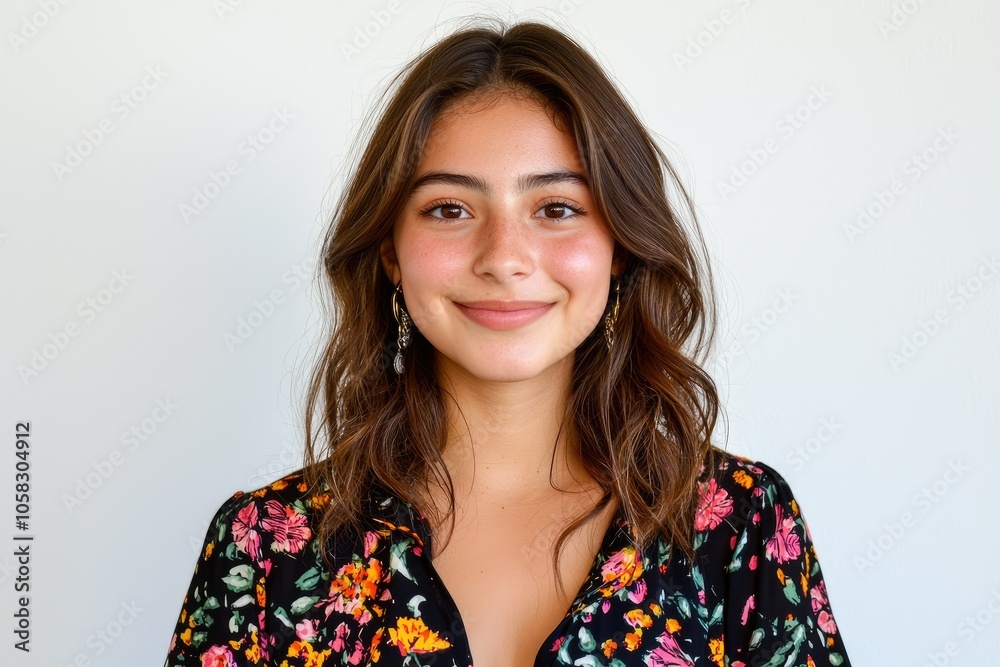 Captivating portrait of a young latina woman with medium brown skin and floral attire Captivating portrait of a young latina woman with medium brown skin and floral attire