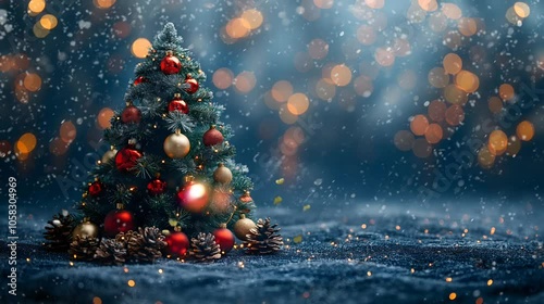 Christmas Tree with Baubles and Blurred Shiny Lights on Snow Background at Night. Winter Abstract Landscape with Falling Snow