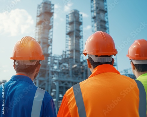 Workers in safety gear observe an industrial site with tall structures, showcasing commitment to safety and teamwork in construction or engineering. photo