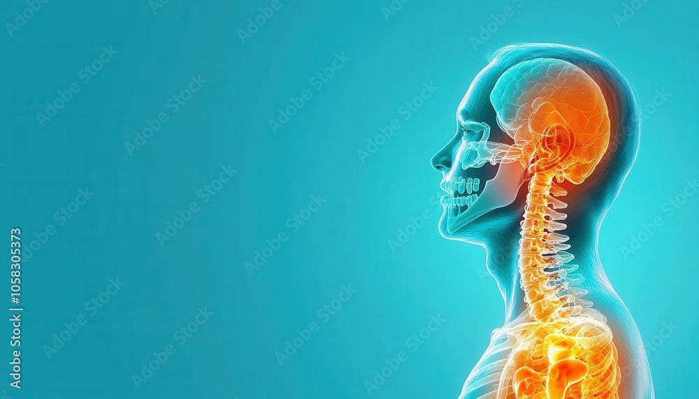 A digital illustration showing a human silhouette with glowing outlines of the skull, spine, and nervous system against a bright blue background. A digital illustration showing a human silhouette with glowing outlines of the skull, spine, and nervous system against a bright blue background.