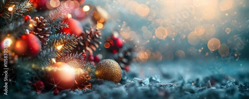 Christmas Tree with Baubles and Blurred Shiny Lights on Snow Background at Night. Winter Abstract Landscape with Falling Snow