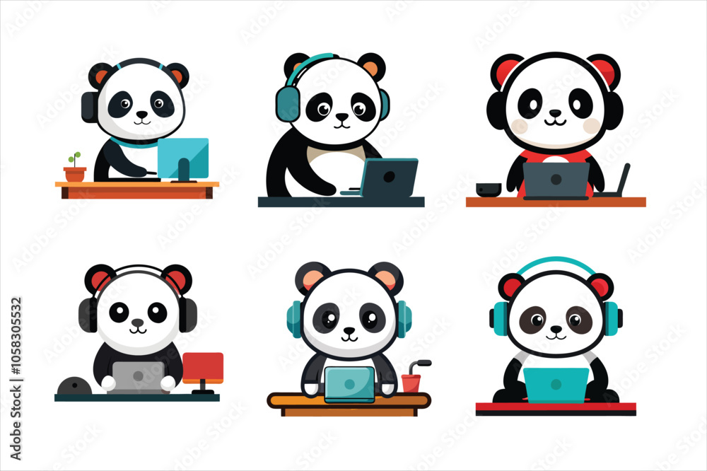 Fototapeta premium a set of cute panda working on computer