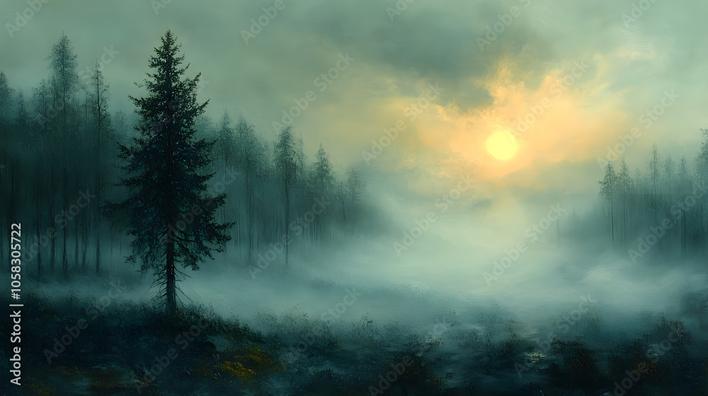 Mist-Covered Forest Landscape with Trees Fading into Fog, Creating a Mysterious and Serene Atmosphere
Mist-Covered Forest Landscape with Trees Fading into Fog, Creating a Mysterious and Serene Atmosphere