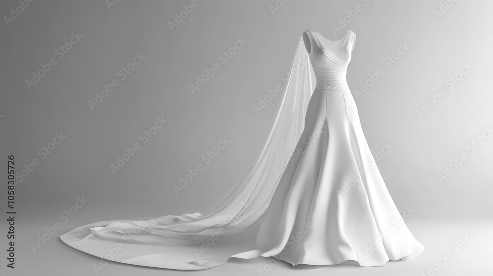 A minimalist white wedding dress displayed elegantly on a neutral background. A minimalist white wedding dress displayed elegantly on a neutral background.