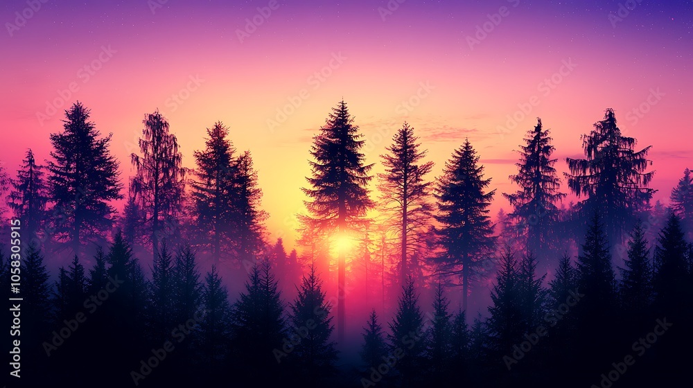 A beautiful sunset illuminates a misty forest, with tall evergreen trees silhouetted against vibrant pink and purple skies. A beautiful sunset illuminates a misty forest, with tall evergreen trees silhouetted against vibrant pink and purple skies.