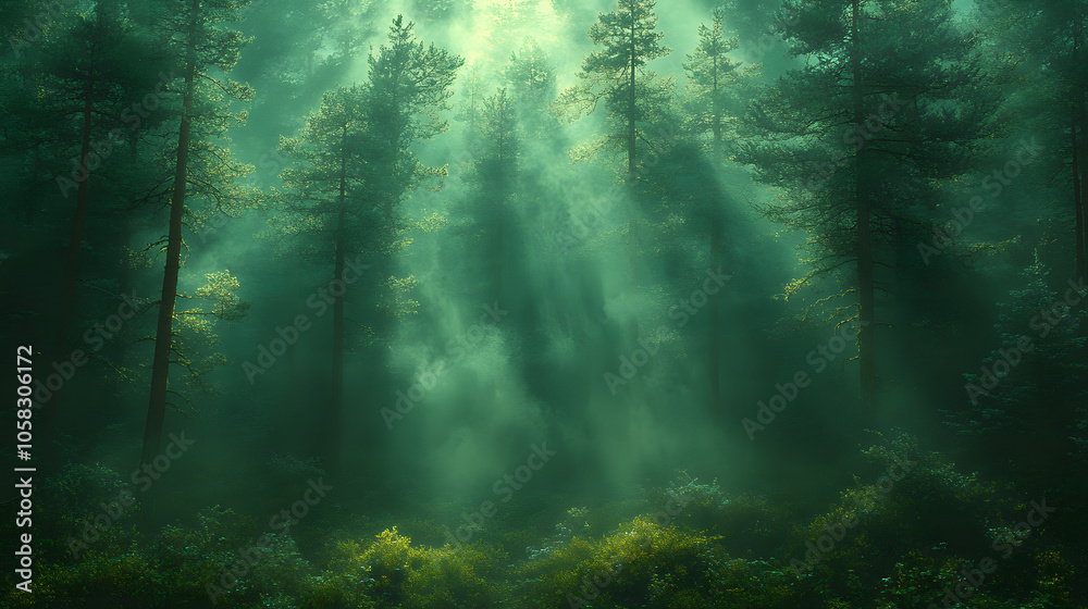 Mist-Covered Forest Landscape with Trees Fading into Fog, Creating a Mysterious and Serene Atmosphere
