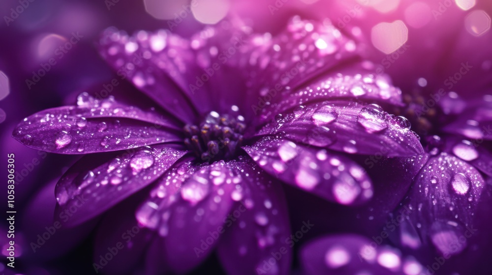 Elegant purple petals covered in shimmering water droplets,