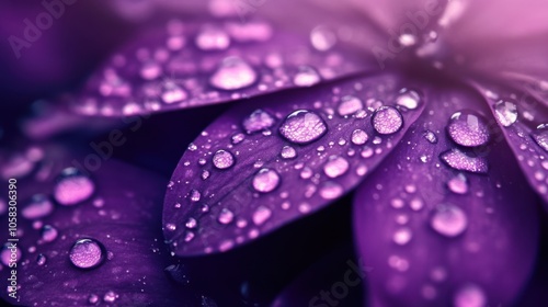 Elegant purple petals covered in shimmering water droplets,