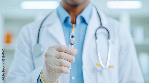 healthcare professional holding syringe, ready for vaccination or injection. doctor is wearing gloves and white coat, conveying sense of professionalism and care