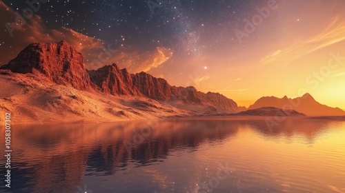 Serene landscape at sunset with mountains reflecting in calm water under a starry sky.