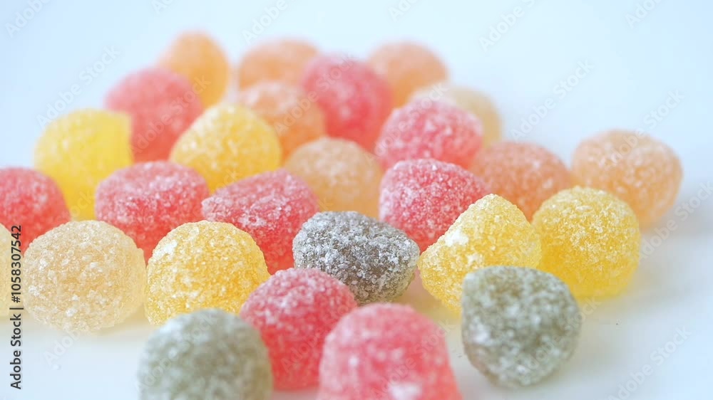 slow motion of dropping colorful fruit candies displayed on a pristine white background slow motion of dropping colorful fruit candies displayed on a pristine white background