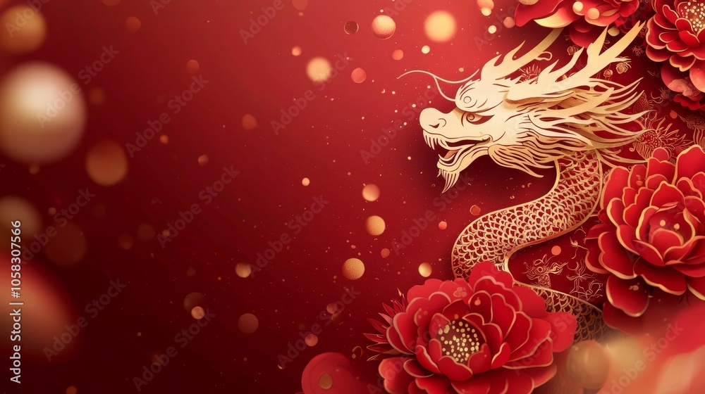 A majestic golden dragon entwined with vibrant red roses against a rich red background, creating an enchanting and traditional Asian aesthetic.
