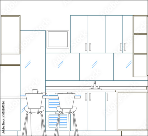 Vector sketch illustration of home kitchen interior architectural design silhouette