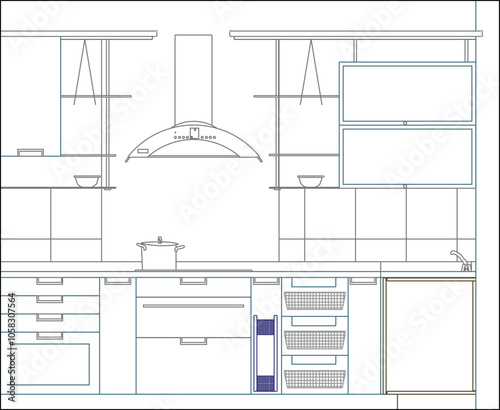 Vector sketch illustration of home kitchen interior architectural design silhouette