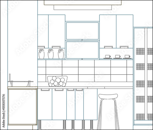 Vector sketch illustration of home kitchen interior architectural design silhouette