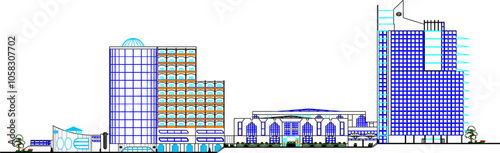 Vector sketch illustration of the architectural design silhouette of the exterior of a modern shopping mall building facade