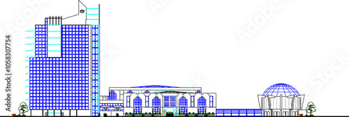 Vector sketch illustration of the architectural design silhouette of the exterior of a modern shopping mall building facade